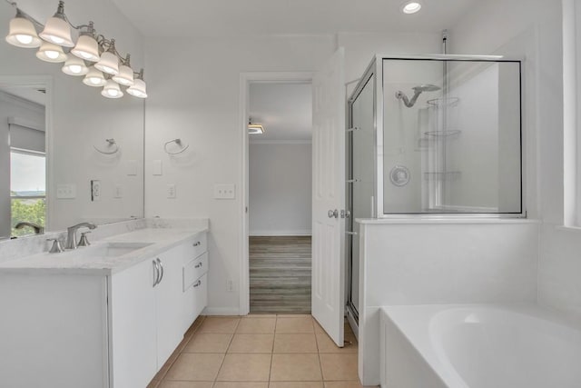 3917 Canyon Glen Cir, Austin, TX 78732 - bathroom featuring tile patterned flooring, vanity, independent shower and bath, and ornamental molding