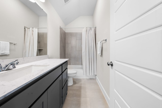 full bathroom featuring lofted ceiling, tile patterned flooring, toilet, shower / bath combo, and vanity