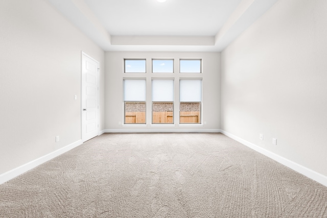 carpeted spare room with a tray ceiling