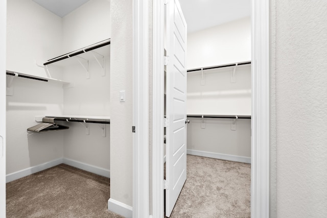 walk in closet featuring light carpet