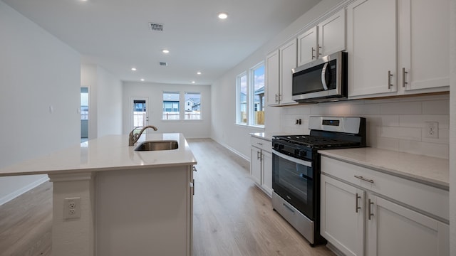 kitchen with a center island with sink, white cabinets, sink, tasteful backsplash, and stainless steel appliances