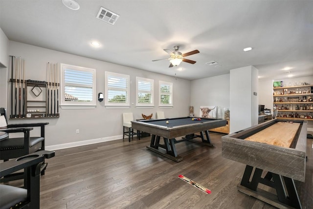 rec room with ceiling fan, dark wood-type flooring, and billiards