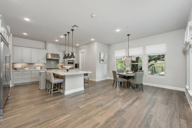 kitchen featuring a kitchen bar, backsplash, hanging light fixtures, and an island with sink