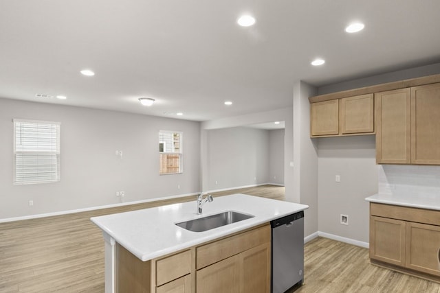 kitchen with stainless steel dishwasher, plenty of natural light, sink, and a kitchen island with sink