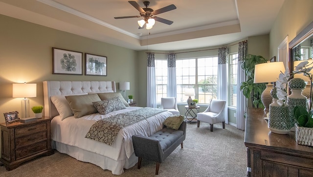 bedroom featuring crown molding, ceiling fan, a raised ceiling, and carpet floors