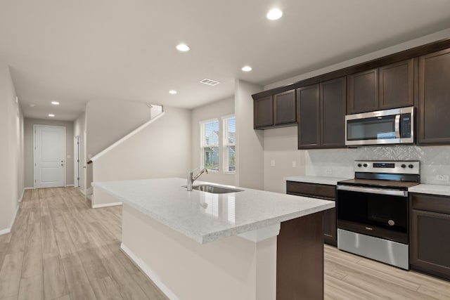 kitchen featuring decorative backsplash, appliances with stainless steel finishes, sink, a center island with sink, and light hardwood / wood-style flooring