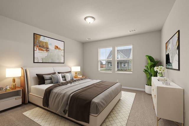 bedroom with light colored carpet