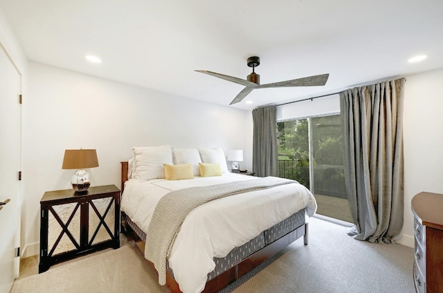 bedroom featuring ceiling fan, light carpet, and access to exterior