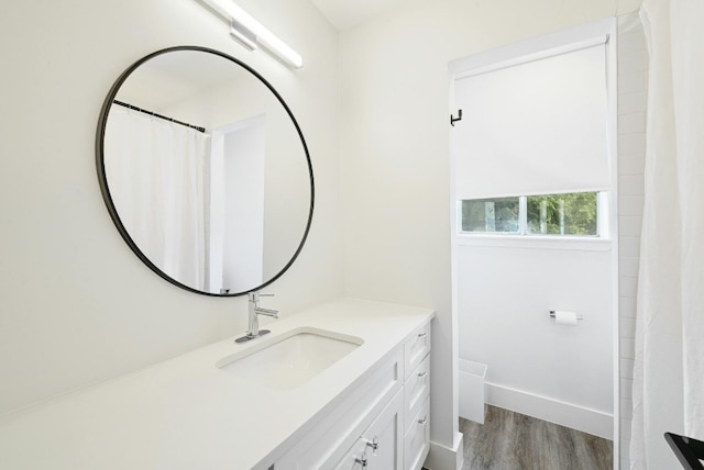 bathroom with hardwood / wood-style flooring and vanity