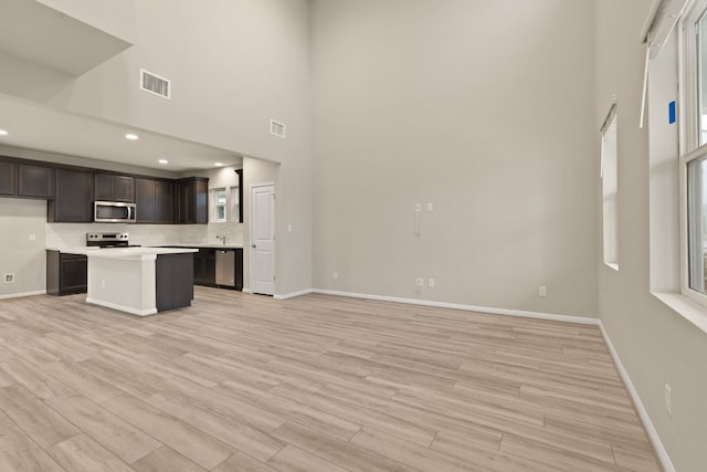 kitchen with a towering ceiling, stainless steel appliances, a center island, and light hardwood / wood-style floors