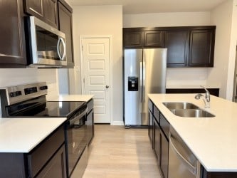 kitchen featuring dark brown cabinetry, sink, and stainless steel appliances