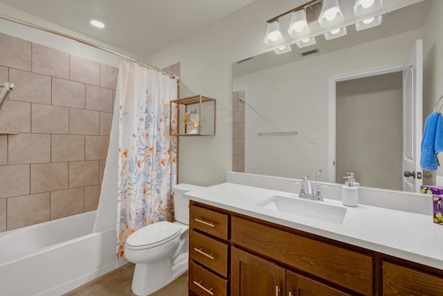 full bathroom featuring toilet, shower / bathtub combination with curtain, vanity, and visible vents