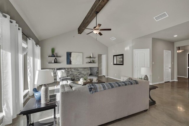 living room with visible vents, baseboards, a ceiling fan, concrete flooring, and beam ceiling