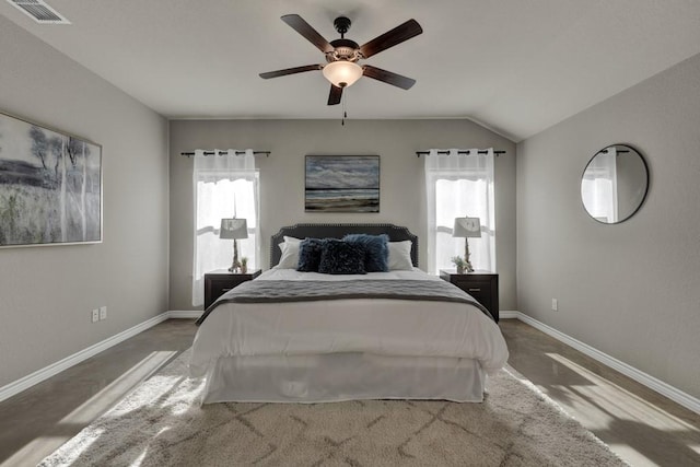 bedroom with visible vents, baseboards, ceiling fan, and lofted ceiling