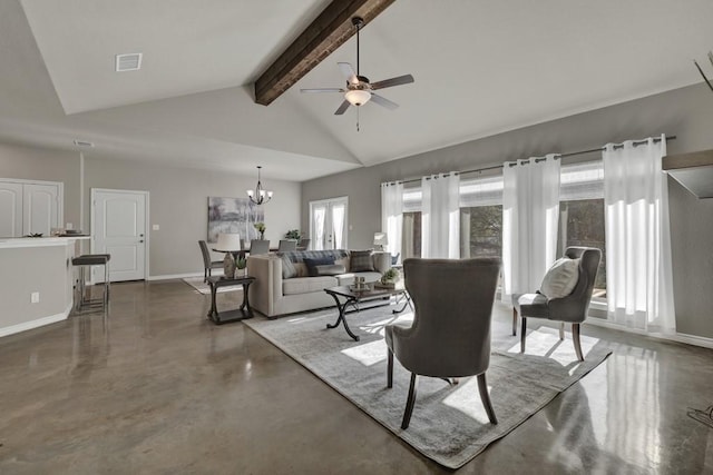 living room with baseboards, finished concrete flooring, visible vents, beam ceiling, and ceiling fan with notable chandelier