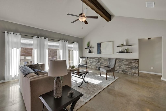 living room featuring visible vents, beamed ceiling, ceiling fan, high vaulted ceiling, and finished concrete floors