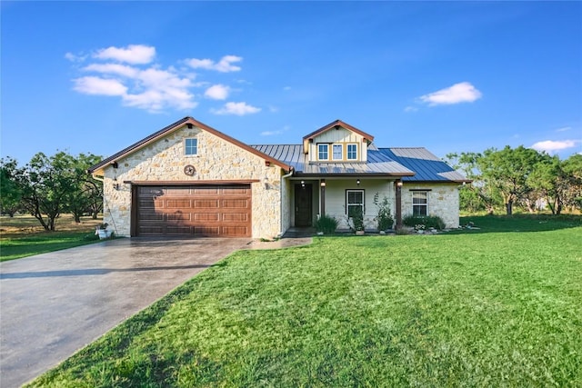 1502 Hi Cir S, Horseshoe Bay, TX 78657 - view of front facade with a standing seam roof, stone siding, a front lawn, and a garage
