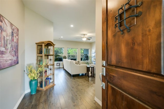 1502 Hi Cir S, Horseshoe Bay, TX 78657 - foyer featuring ceiling fan, dark wood-style flooring, baseboards, and recessed lighting