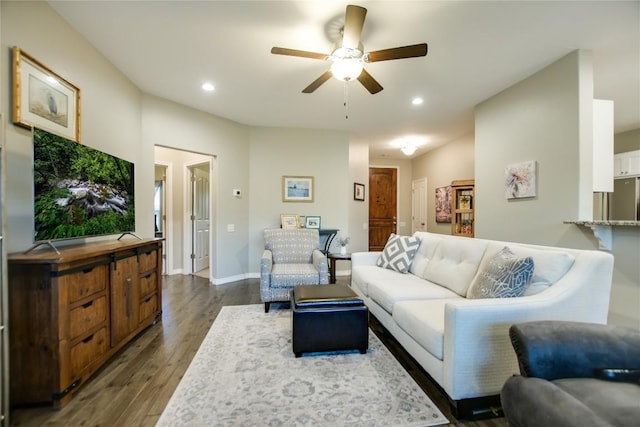 1502 Hi Cir S, Horseshoe Bay, TX 78657 - living room with ceiling fan, recessed lighting, dark wood finished floors, and baseboards