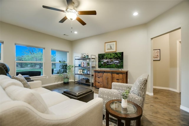 living room with hardwood / wood-style flooring and ceiling fan