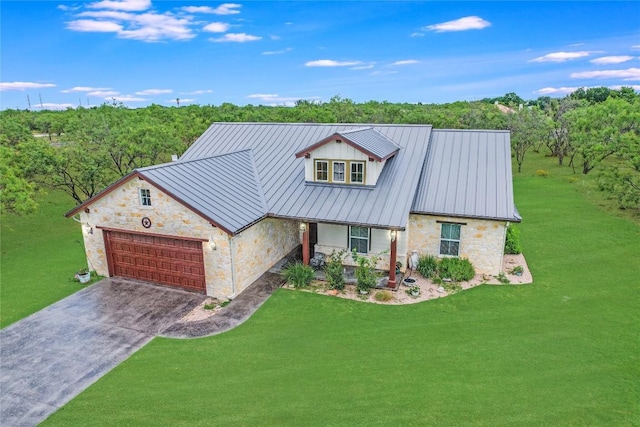 1502 Hi Cir S, Horseshoe Bay, TX 78657 - view of front of house with stone siding, an attached garage, concrete driveway, and a front yard