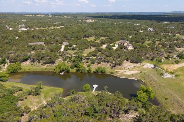 aerial view with a water view and a forest view