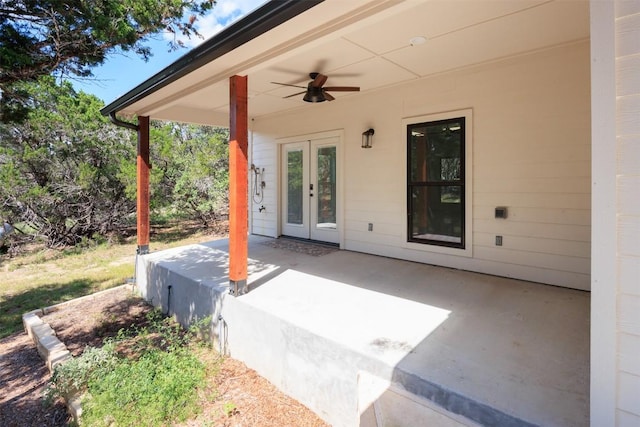 view of patio with a ceiling fan and french doors