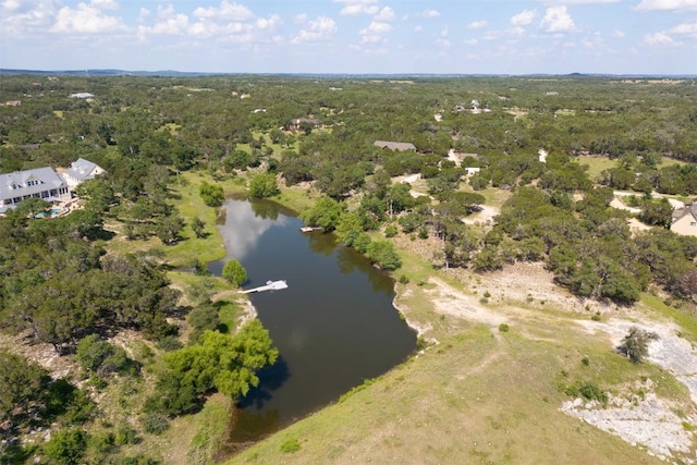 aerial view featuring a forest view and a water view