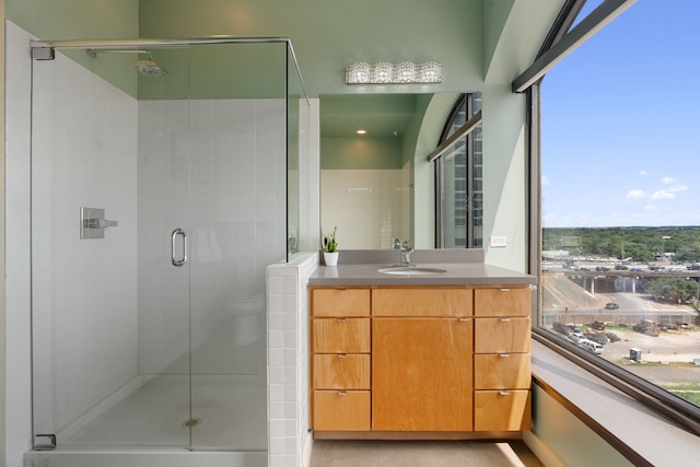 bathroom featuring vanity, a wealth of natural light, and an enclosed shower