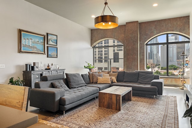 living room with concrete floors