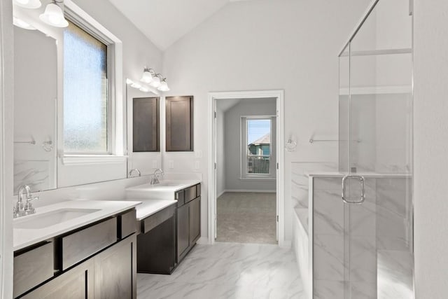 bathroom featuring lofted ceiling, a healthy amount of sunlight, vanity, and a shower with shower door