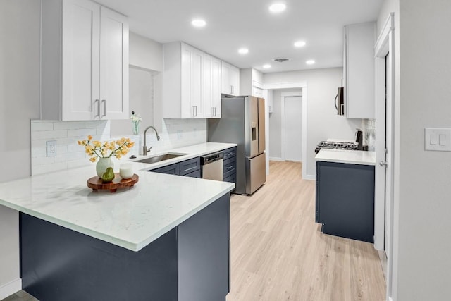 kitchen with sink, stainless steel appliances, tasteful backsplash, kitchen peninsula, and white cabinets