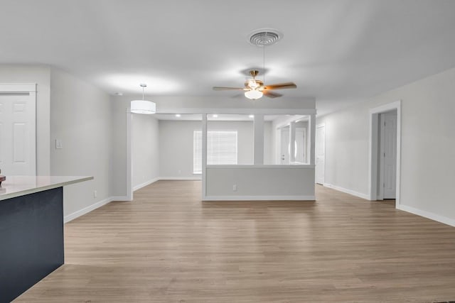 unfurnished living room with ceiling fan and light hardwood / wood-style floors