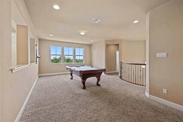 game room with recessed lighting, baseboards, visible vents, and carpet floors