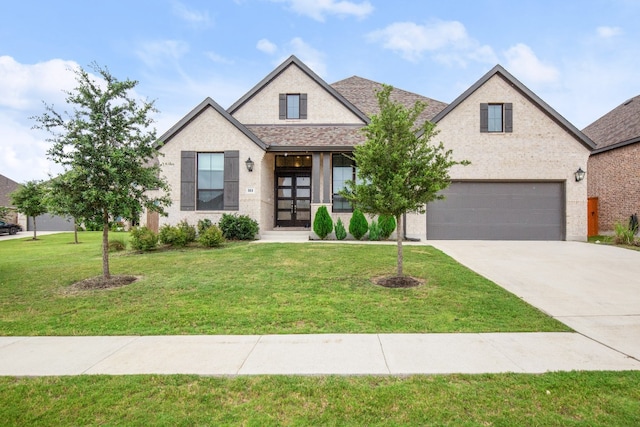 view of front of home with french doors, a garage, and a front lawn