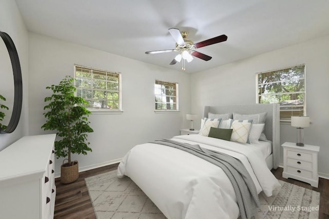 bedroom featuring wood-type flooring and ceiling fan