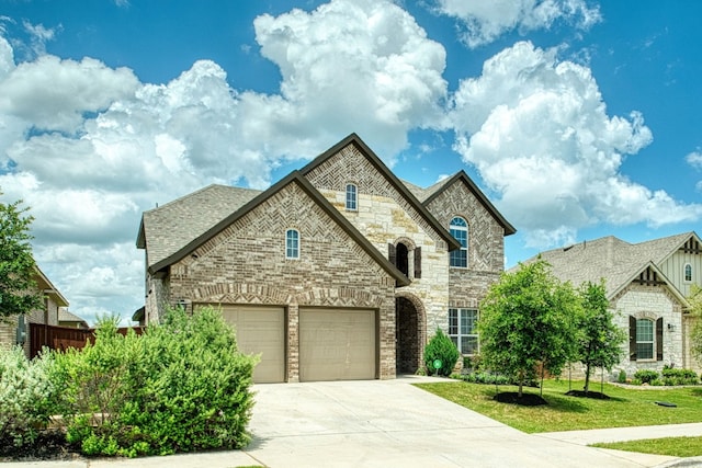 french provincial home with a front yard and a garage