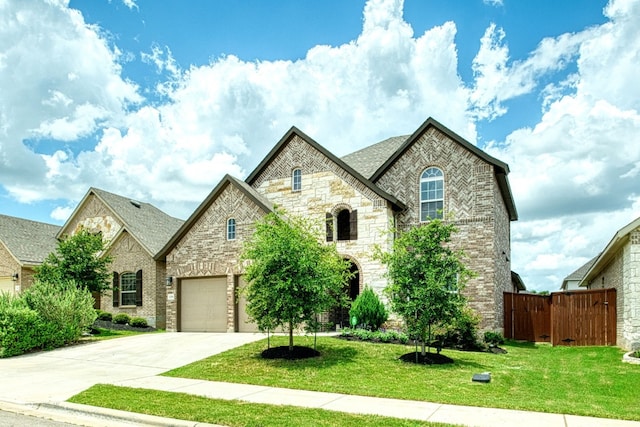 french country inspired facade with a garage and a front lawn