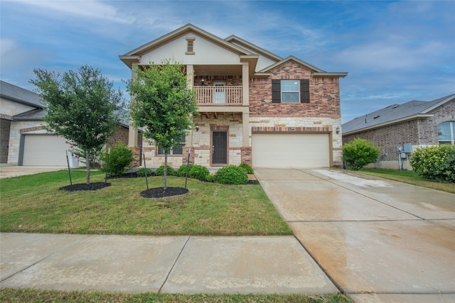 view of front of home with a balcony, a front lawn, and a garage