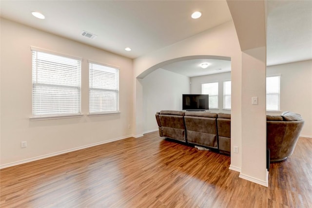 living room featuring hardwood / wood-style floors and a healthy amount of sunlight