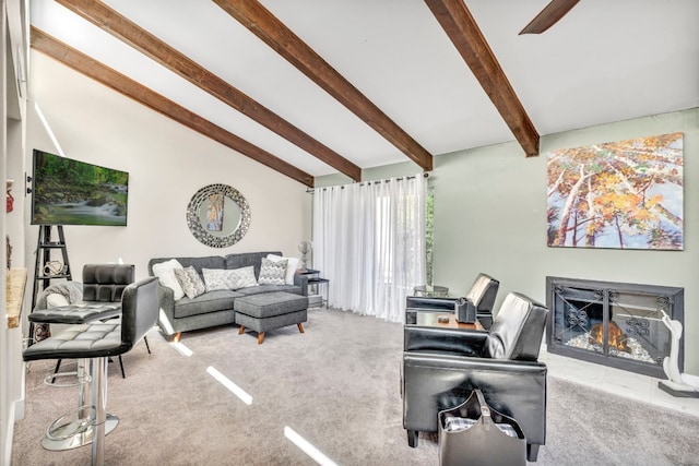 living room featuring carpet floors and vaulted ceiling with beams