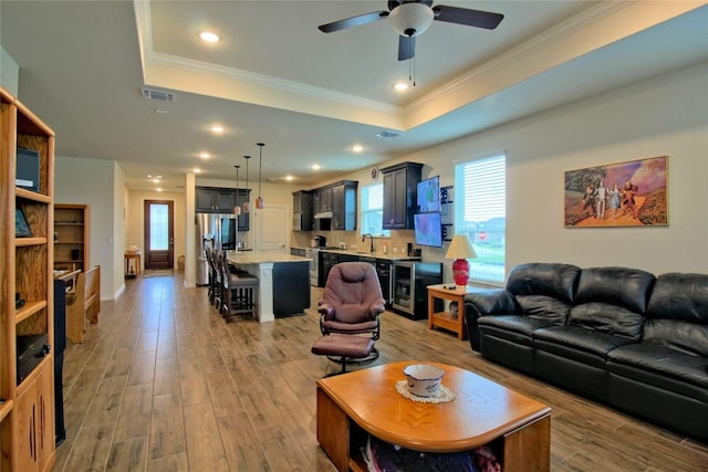 living room with light hardwood / wood-style floors, a raised ceiling, ceiling fan, and sink