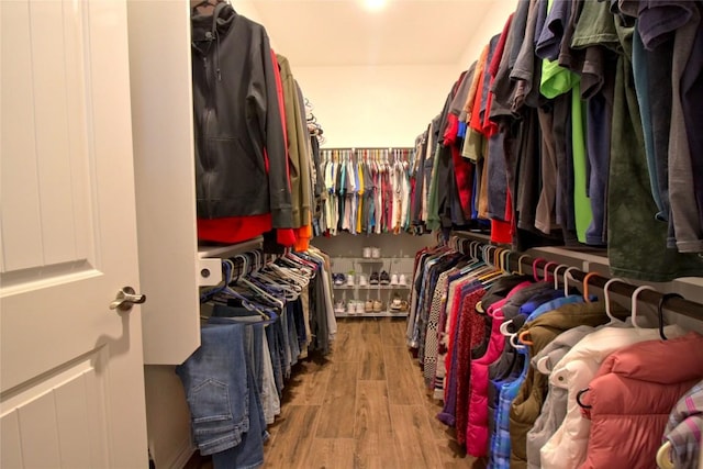 walk in closet with hardwood / wood-style flooring