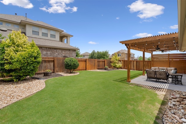 view of yard with a pergola, an outdoor hangout area, and a patio area