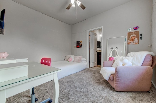 bedroom with light carpet, connected bathroom, and ceiling fan