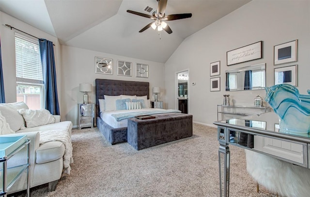 3113 Pasqueflower Pass, Pflugerville, TX 78660 - bedroom with vaulted ceiling, carpet flooring, baseboards, ensuite bathroom, and a ceiling fan