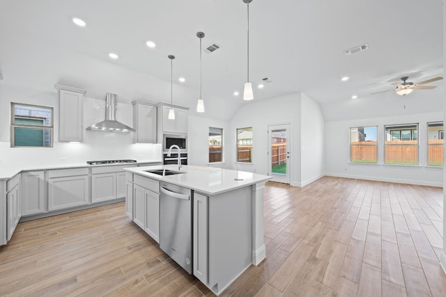 kitchen with appliances with stainless steel finishes, light wood-type flooring, ceiling fan, sink, and wall chimney range hood