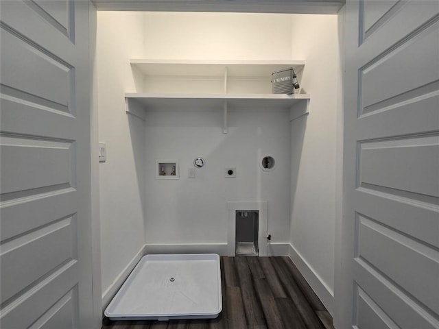 washroom featuring hookup for a gas dryer, dark wood-type flooring, hookup for a washing machine, and hookup for an electric dryer