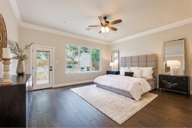 bedroom featuring access to exterior, ceiling fan, crown molding, and dark hardwood / wood-style flooring