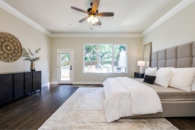 bedroom featuring ceiling fan, access to exterior, dark wood-type flooring, and crown molding